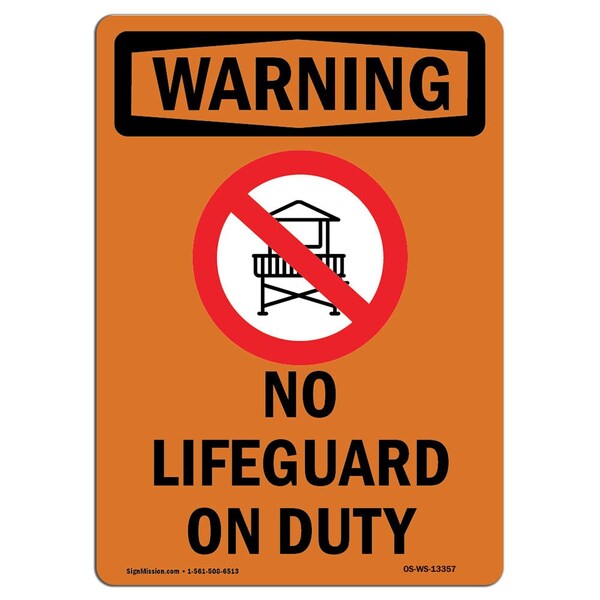 Signmission Safety Sign, OSHA WARNING, 24" Height, Aluminum, No Lifeguard On Duty, Portrait OS-WS-A-1824-V-13357 - main